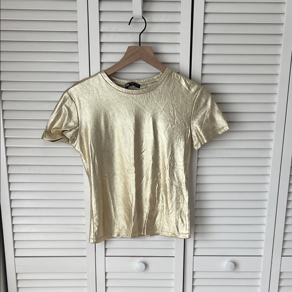 Zara Gold Short Sleeve Top Sz S